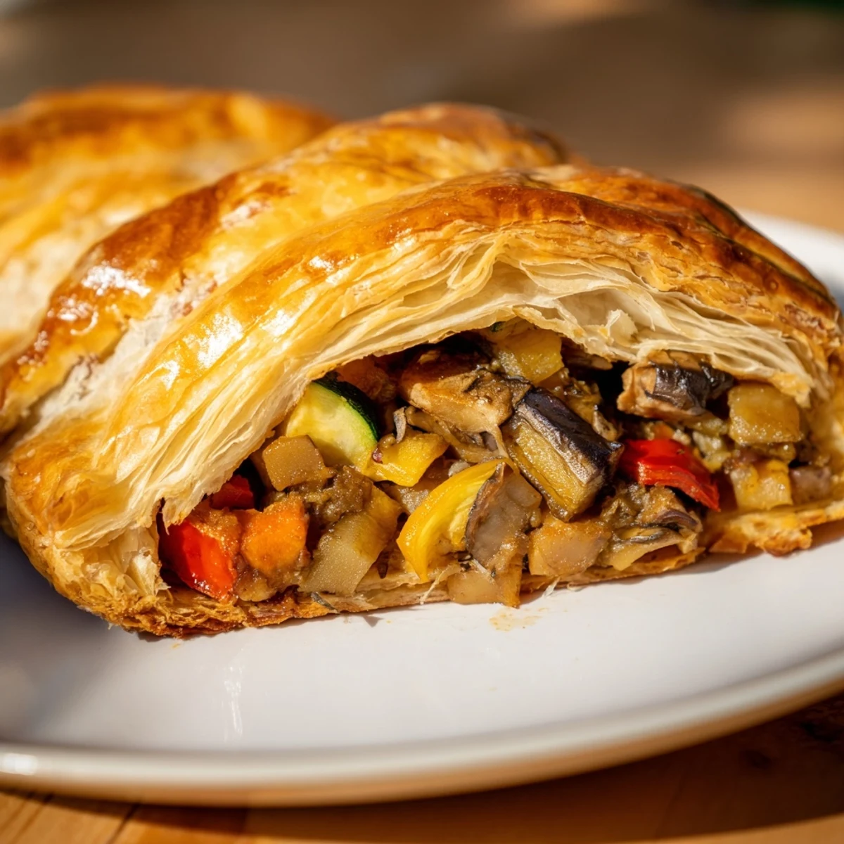Golden, flaky puff pastry encases a delicious Roasted Vegetable Wellington, showcasing seasonal roasted veggies.