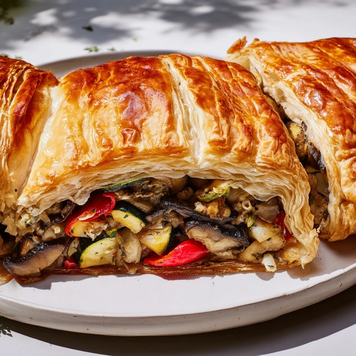Crispy, golden-brown pastry reveals the savory filling of this Roasted Vegetable Wellington, picture-perfect for a vegetarian meal.