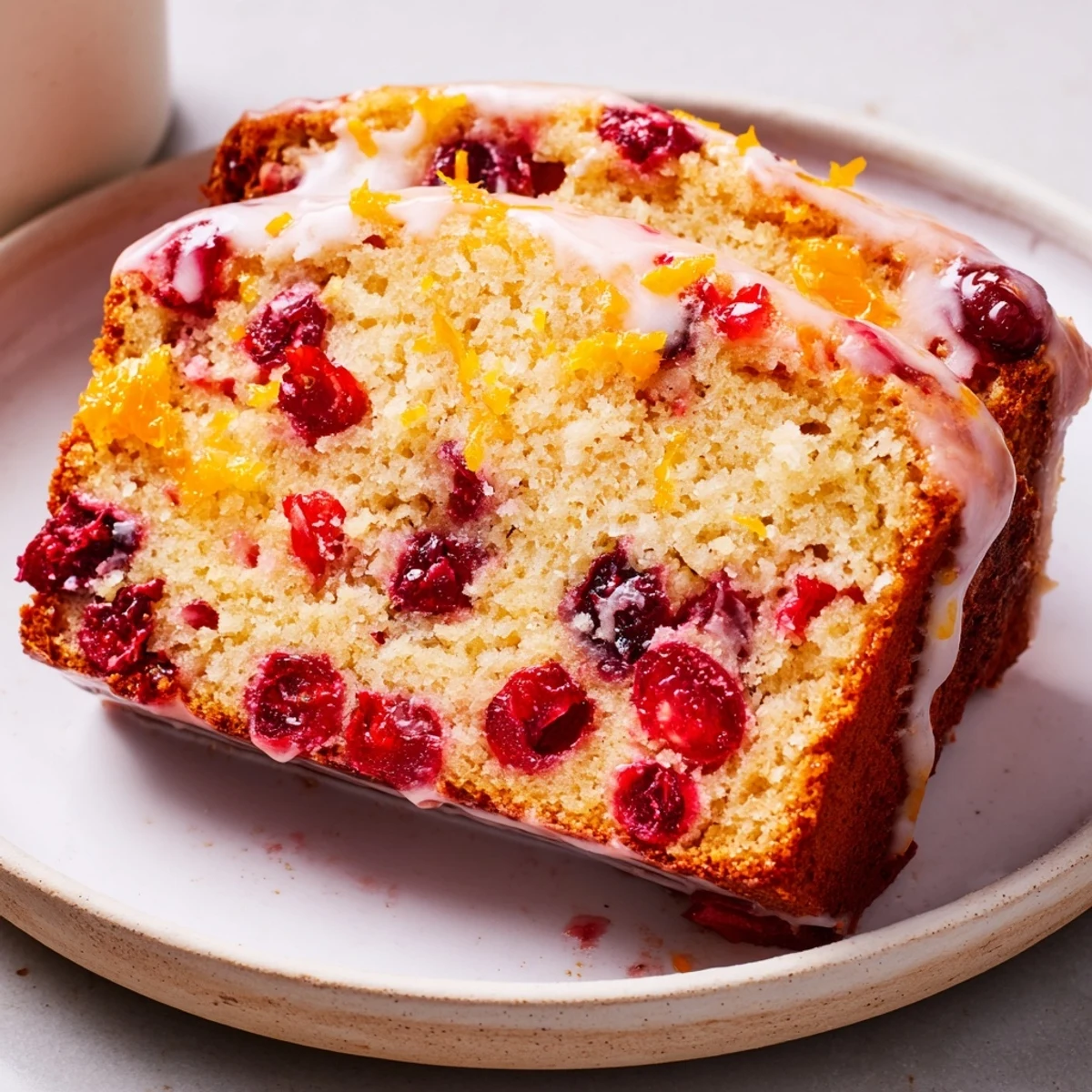 Warm, freshly baked cranberry orange loaf cake, showcasing plump cranberries in its texture.