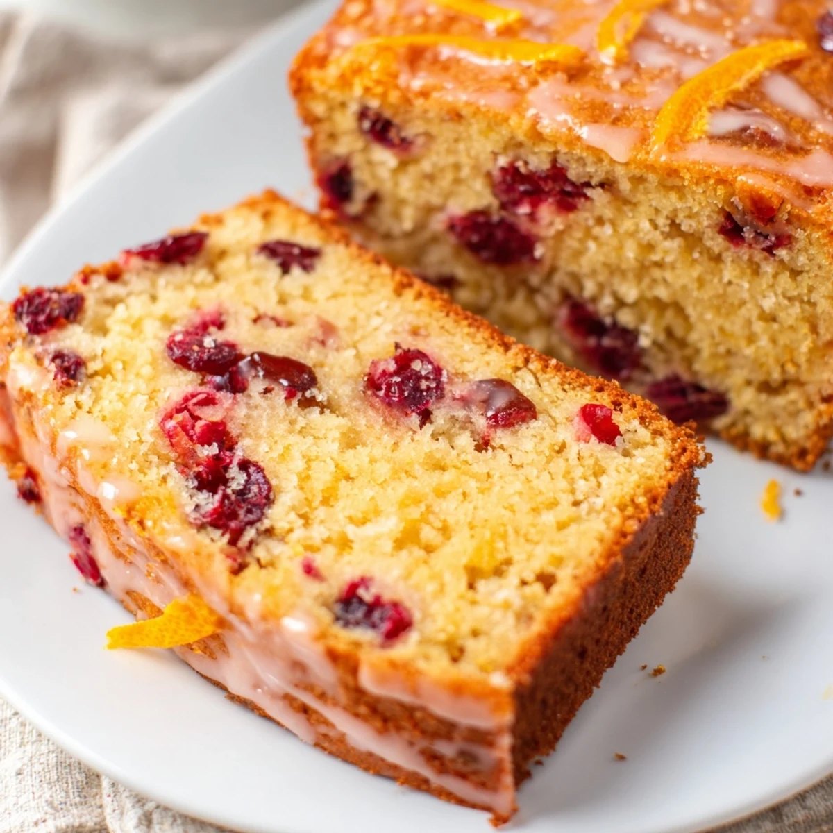 A delicious slice of fragrant cranberry orange loaf cake, ideal alongside morning coffee.