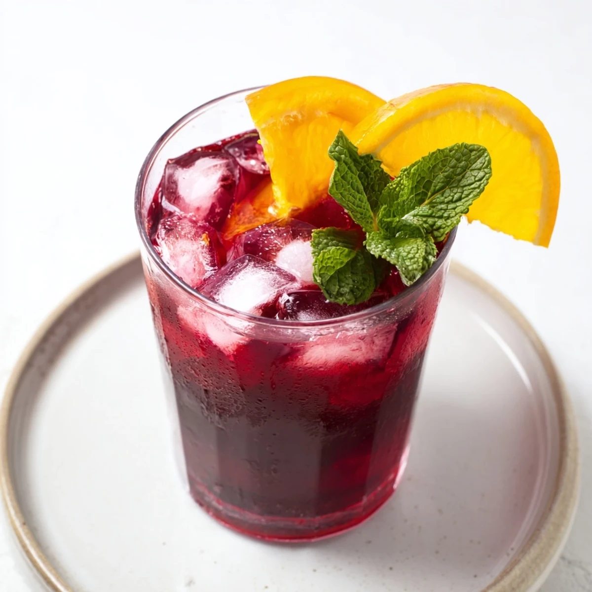 Bright red Cranberry Juice Drink in a tall glass, garnished with fresh mint and orange slices.