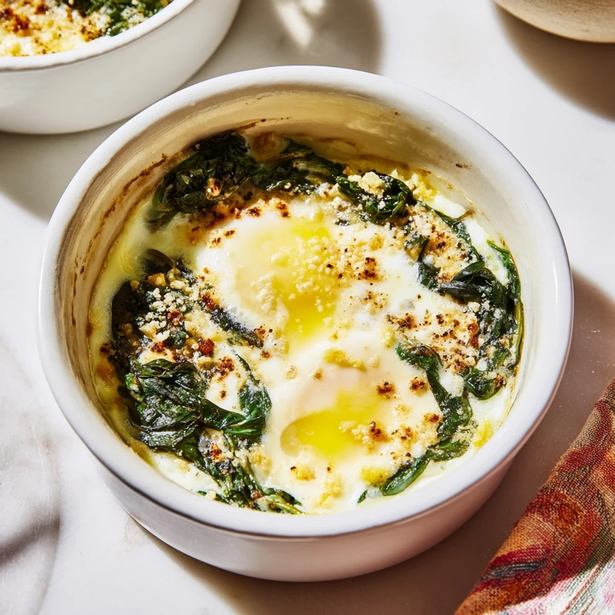 A close-up of Baked Eggs with Spinach and Cheese showcases a perfect runny yolk and creamy cheese topping.