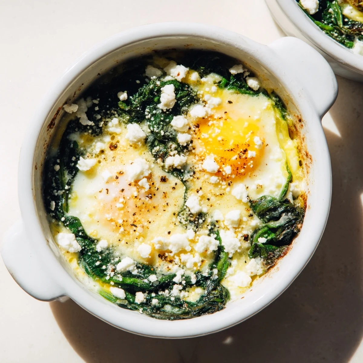 Baked Eggs with Spinach and Cheese pictured with golden, bubbly cheese and vibrant green spinach served for brunch.