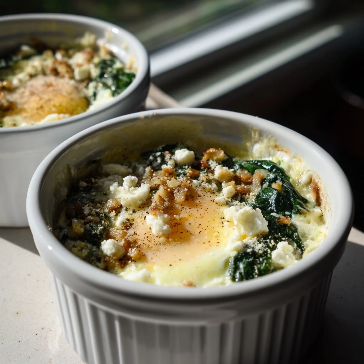 Delicious Baked Eggs with Spinach and Cheese: fluffy cooked egg whites surrounding a rich, cheesy, spinach filling.