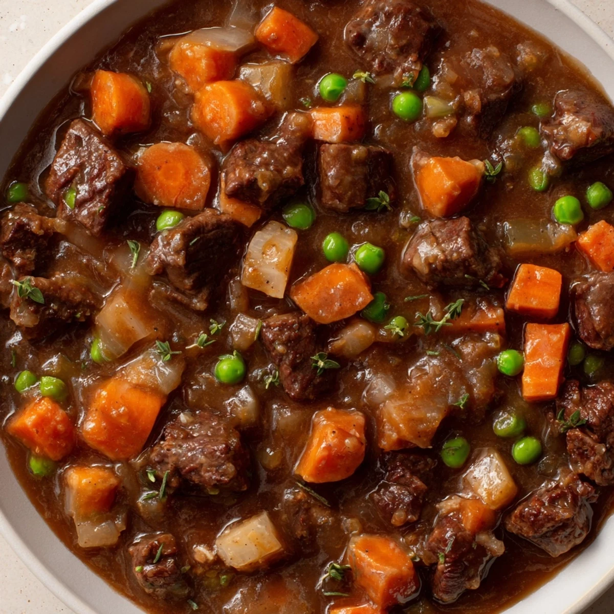 Tender beef pie filling, steaming hot, with carrots, peas, and a rich, savory gravy.