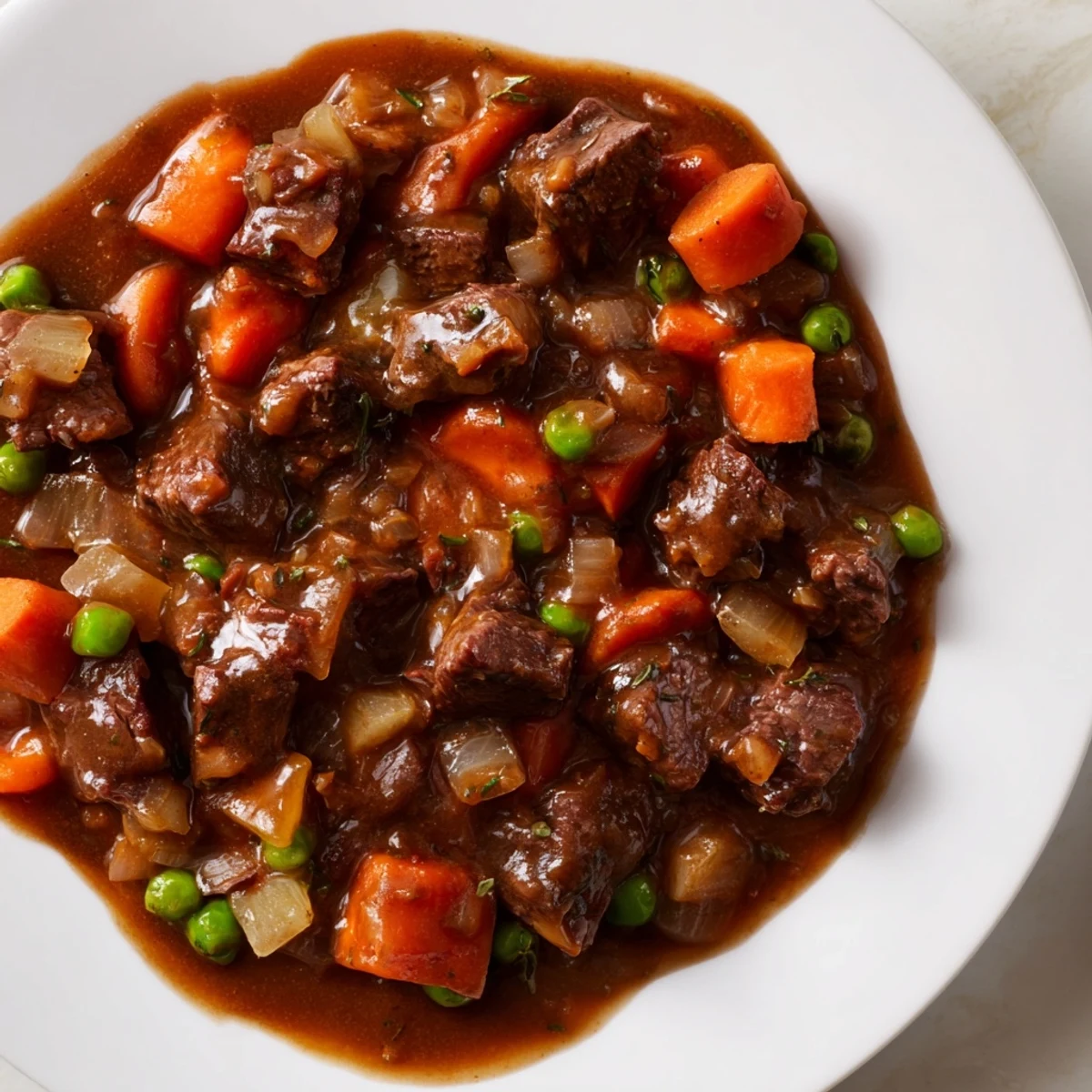 Hearty beef pie filling, showcasing a slow-cooked, rich gravy, ideal for homemade meat pies.