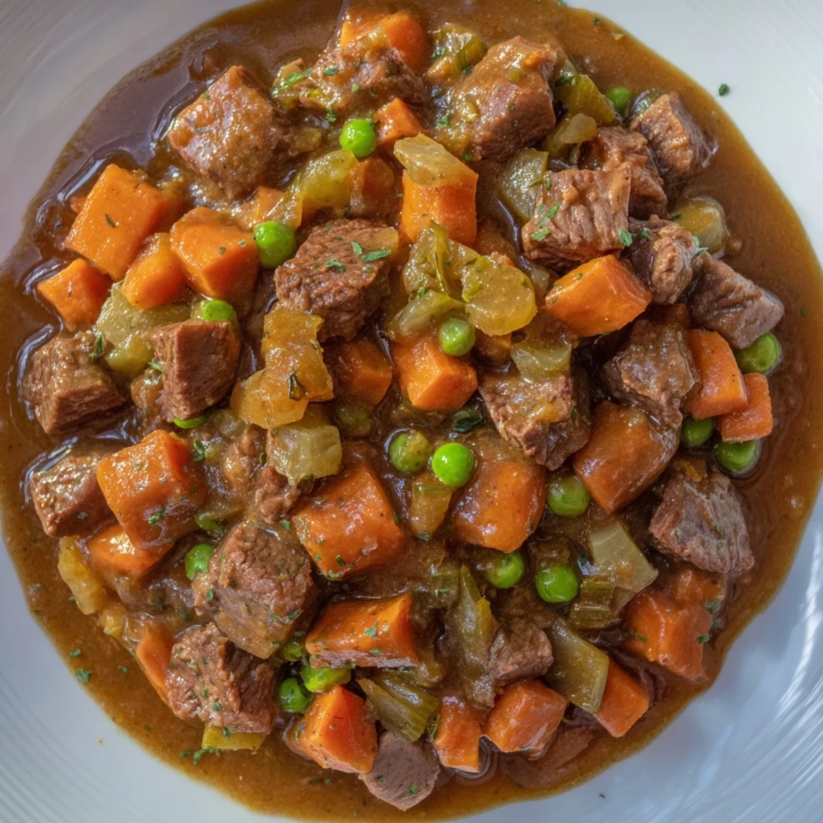 A close-up of delicious beef pie filling, full of juicy beef chunks and vibrant vegetables.