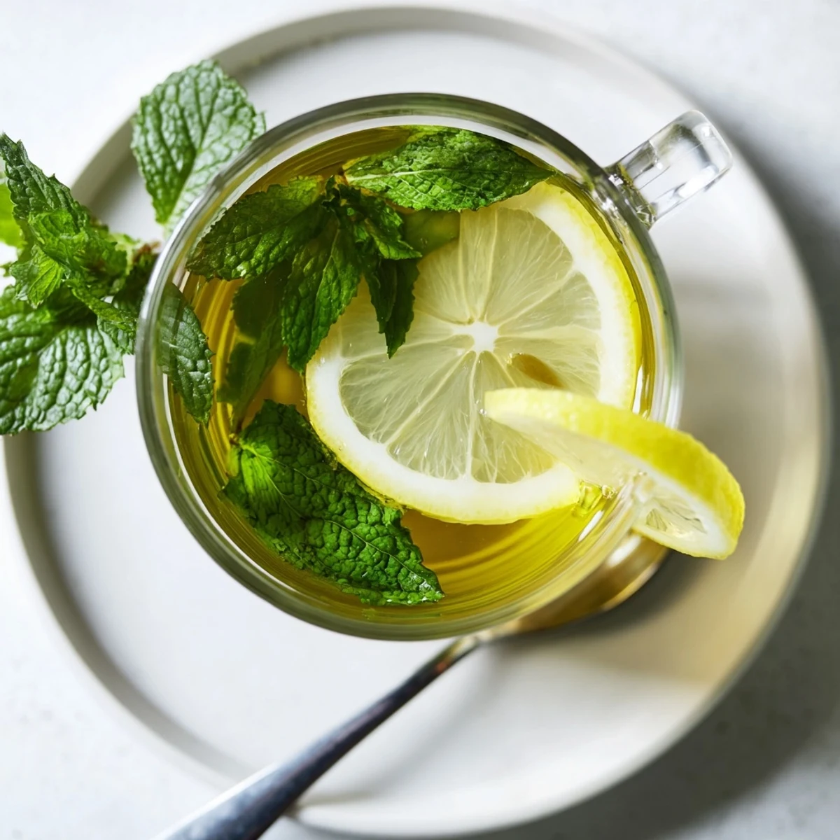 Visualize freshly brewed Peppermint Leaf Mint Tea, garnished with a lemon wheel for added zest and flavor.