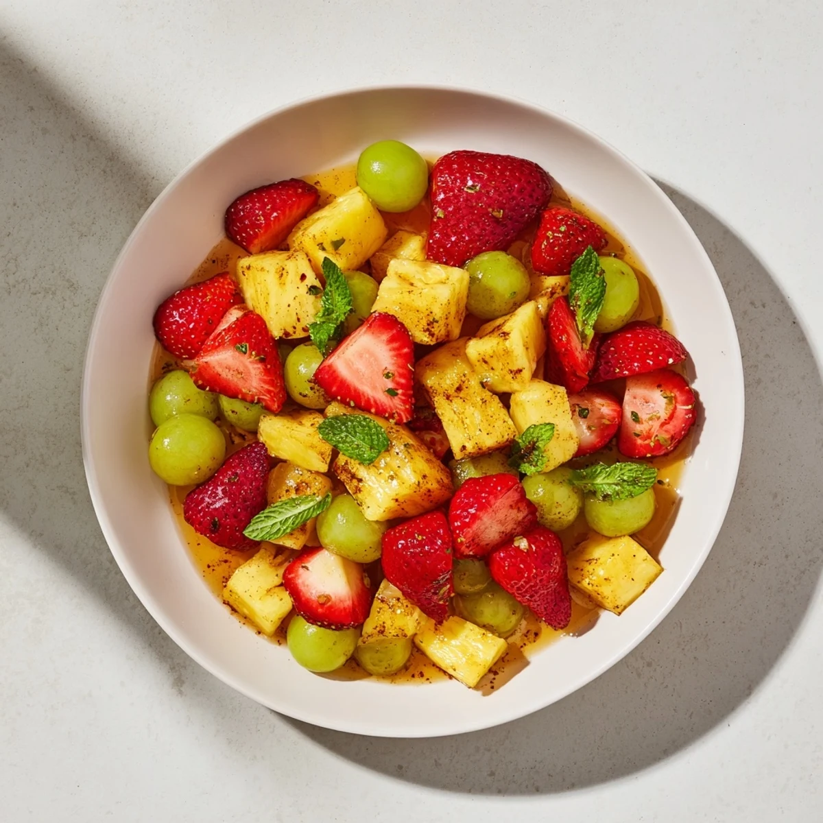 Brightly colored Spiced Fruit Salad, garnished with mint, perfect for a refreshing dessert or brunch.