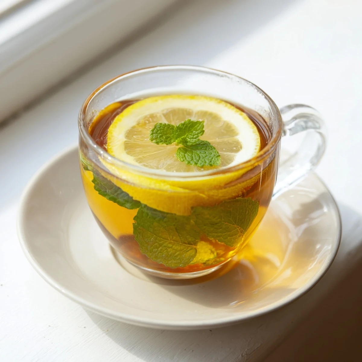 Steaming Lemon Tea with a bright lemon slice garnish offers refreshing, comforting flavors visually.