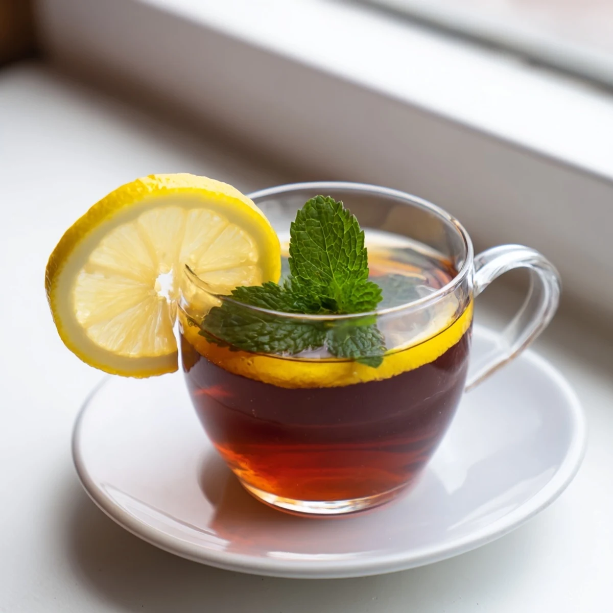 Honey-sweetened Lemon Tea, a warm mug showcasing the golden liquid with fresh citrus and mint.