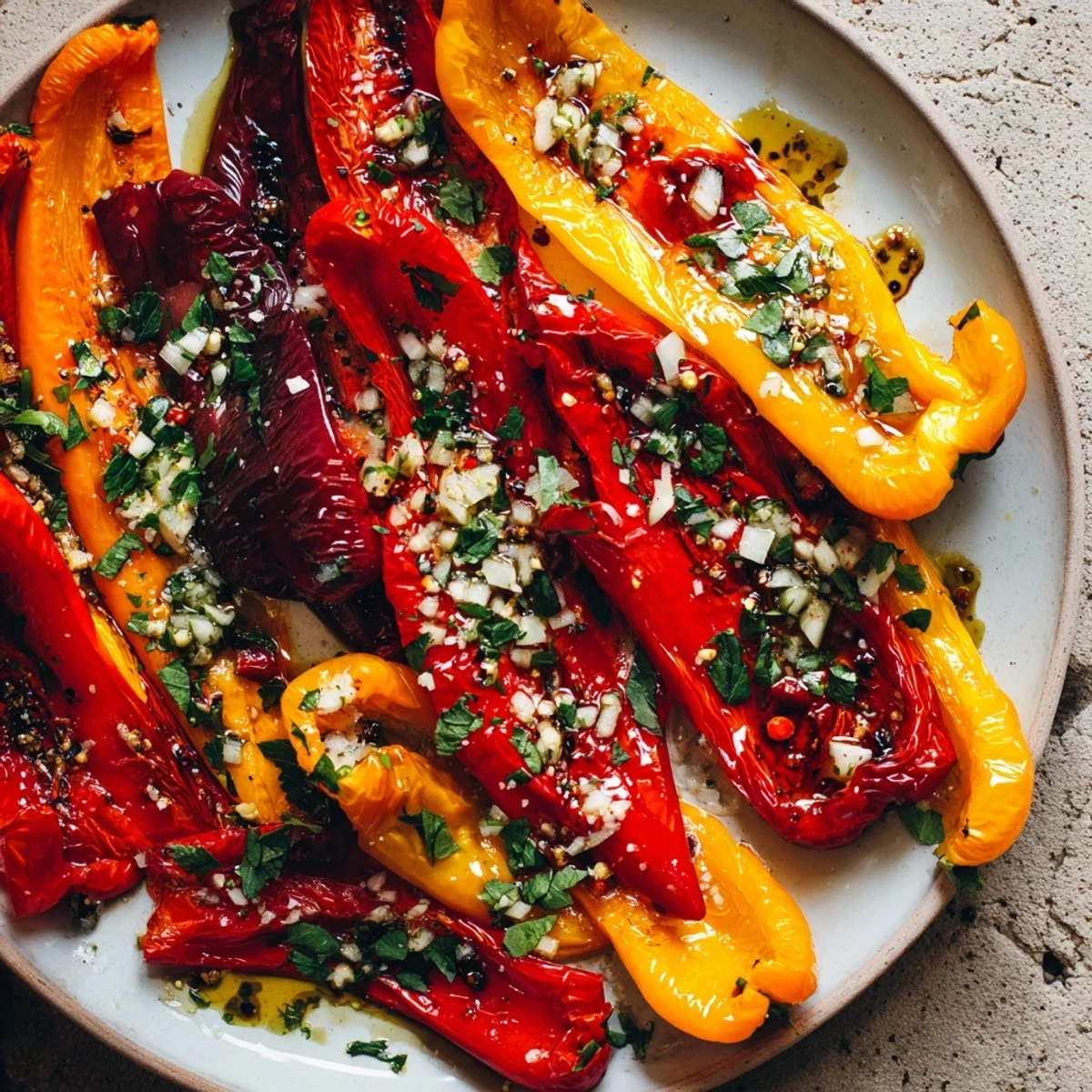 Golden roasted pepper strips, glistening with olive oil, offer a burst of flavor to enjoy.