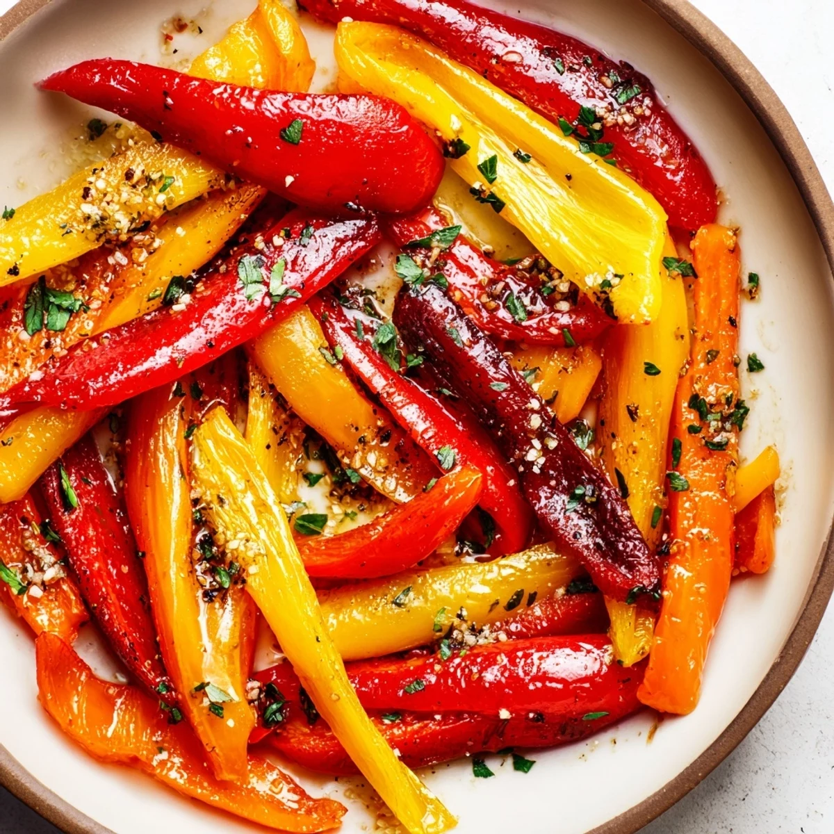 Vibrant red and orange roasted pepper strips, seasoned and ready for your favorite dishes.