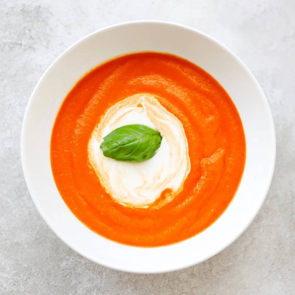 A steaming bowl of Creamy Tomato Bisque, with swirls of cream and garnished perfectly.