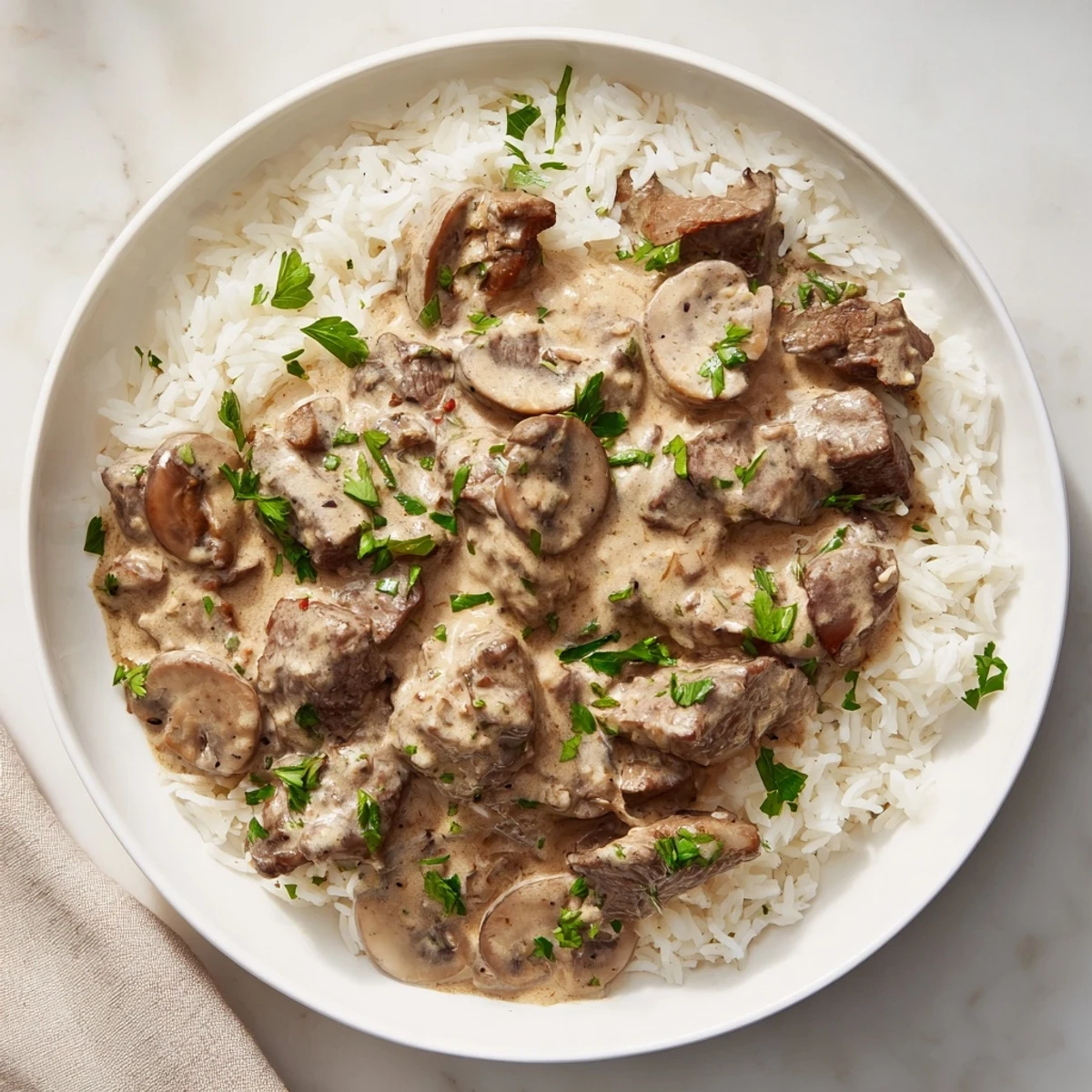 Savory beef stroganoff with tender beef and rich mushroom sauce served over fluffy rice.