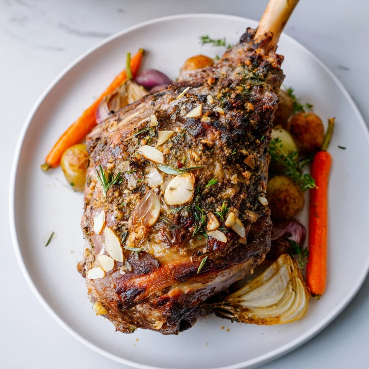 Slow roasted leg of lamb, glistening and savory, ready to carve and serve for a special meal.