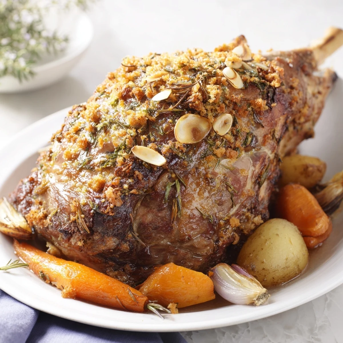 Fork-tender slow roasted leg of lamb, surrounded by roasted vegetables, offering delicious aromas.