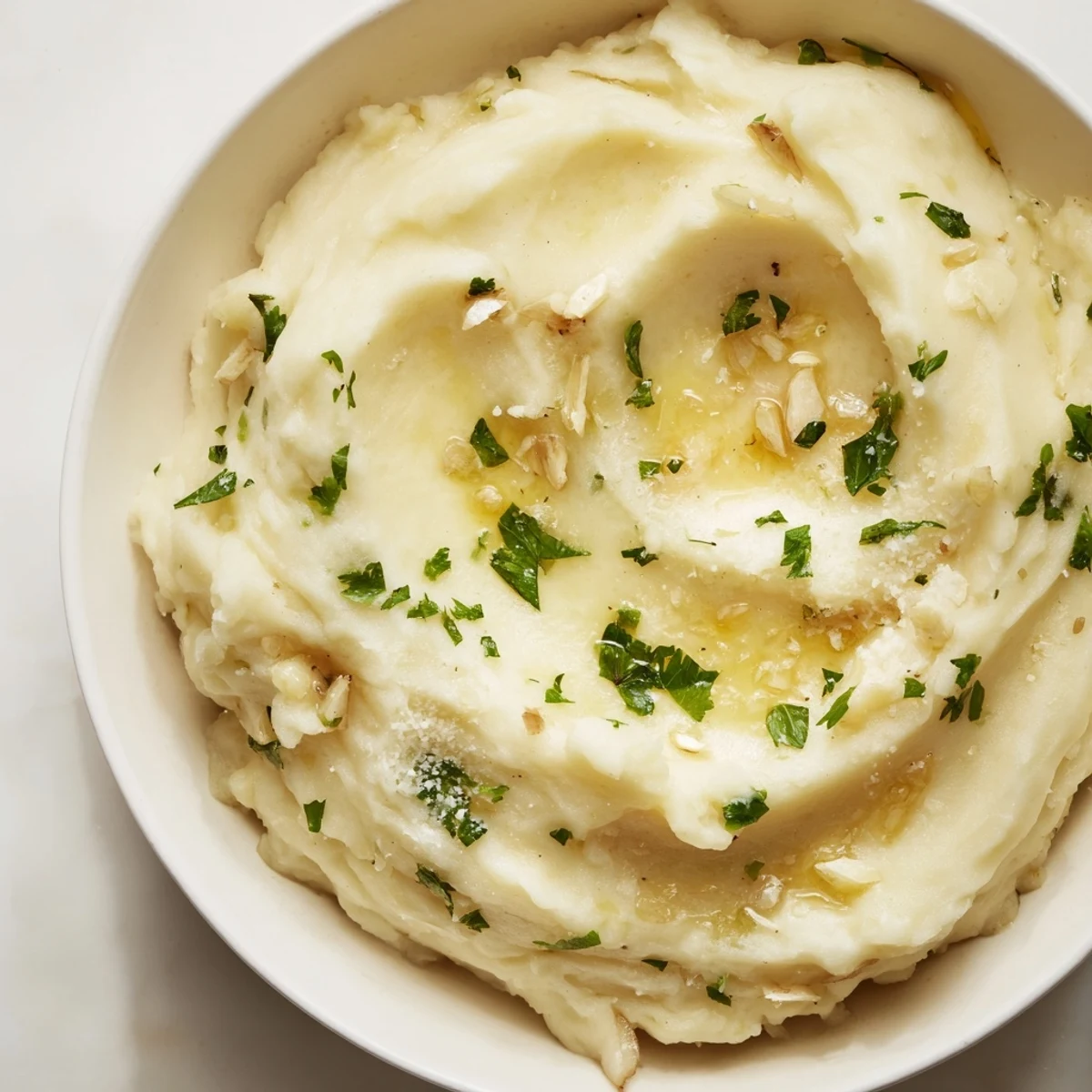Golden-yellow Garlic Parmesan Mashed Potatoes, a side dish featuring roasted garlic and creamy Parmesan cheese.