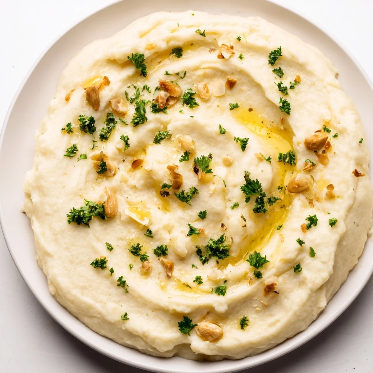 Warm, comforting bowl of Garlic Parmesan Mashed Potatoes, seasoned and ready for your dinner plate.