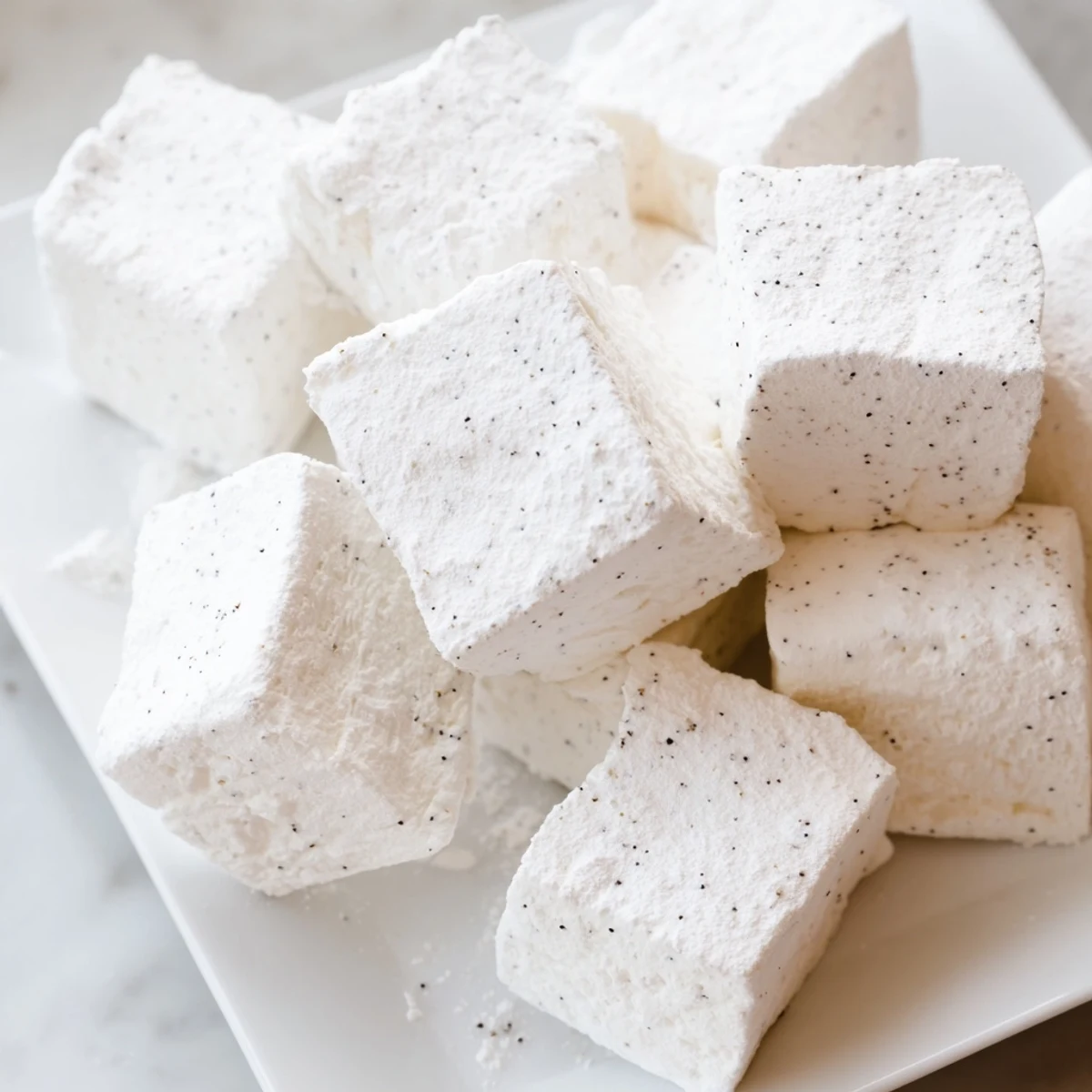 Piled high, these fluffy vanilla bean marshmallows dusted with powdered sugar, ready to enjoy.