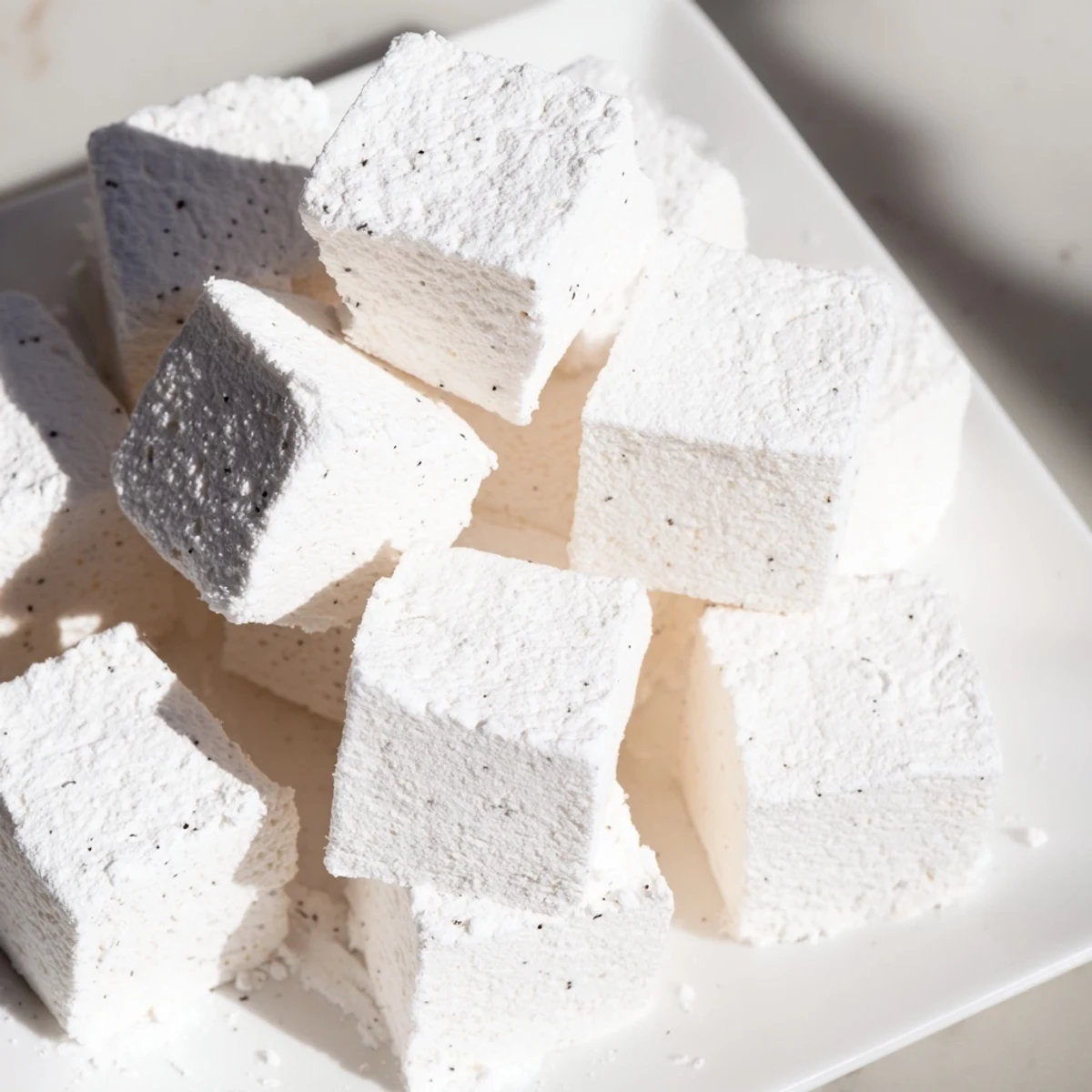 Perfectly square fluffy vanilla bean marshmallows, a delicious treat for homemade s'mores on a warm evening.