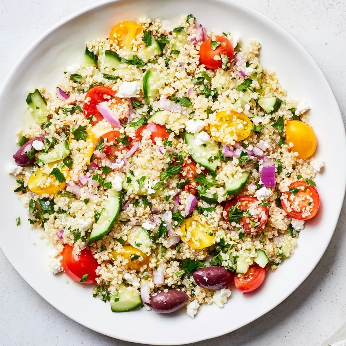 Fluffy quinoa combined with crisp vegetables makes this Mediterranean Quinoa Salad a perfect lunch.