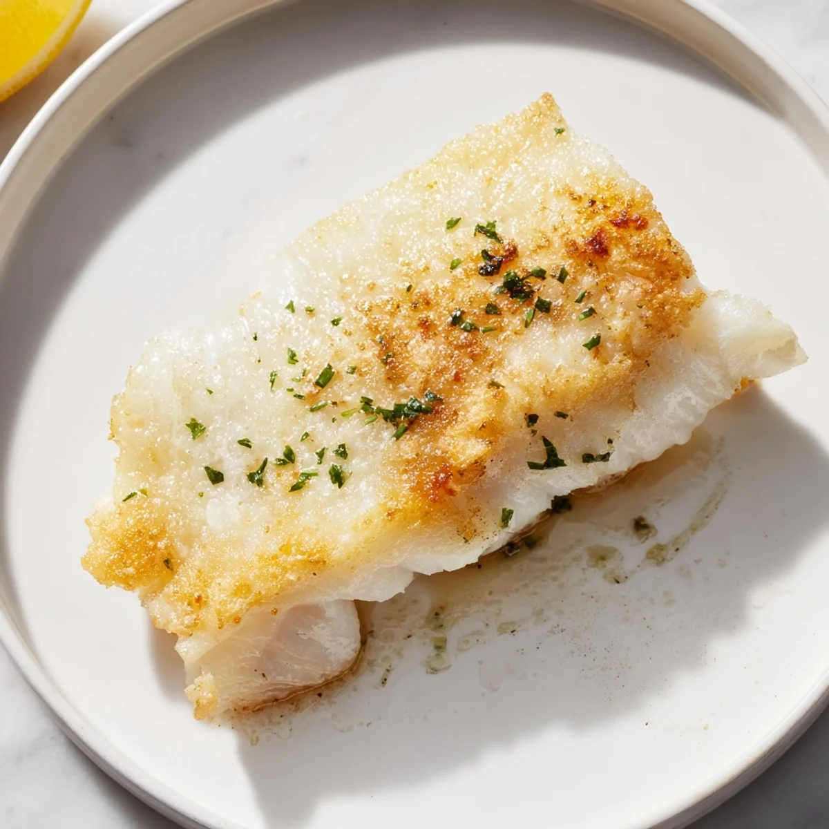 This close-up photo shows perfectly cooked Crispy Skin Baked Cod, ready to serve with parsley.