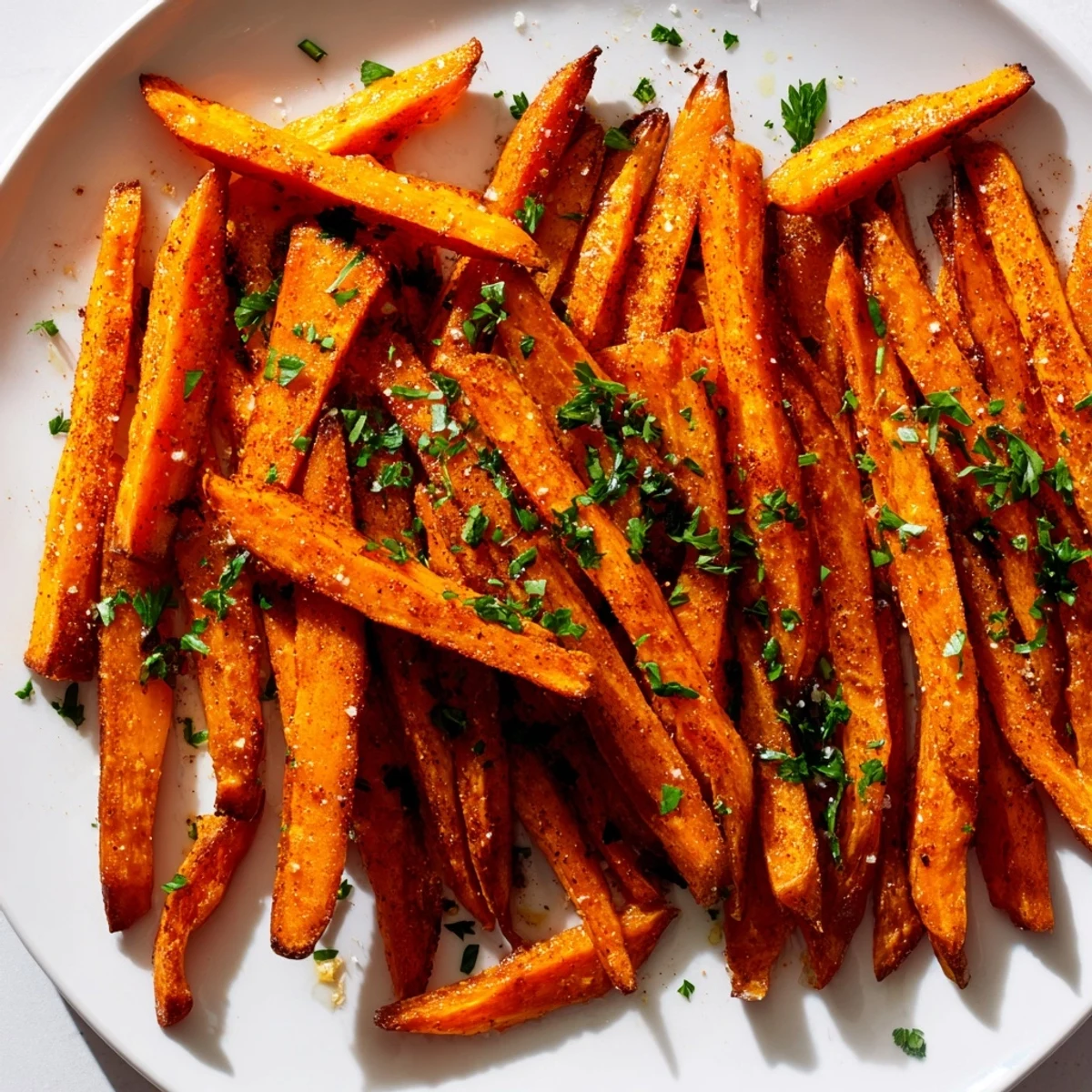 A close-up view of perfectly baked sweet potato fries, seasoned and ready for dipping.
