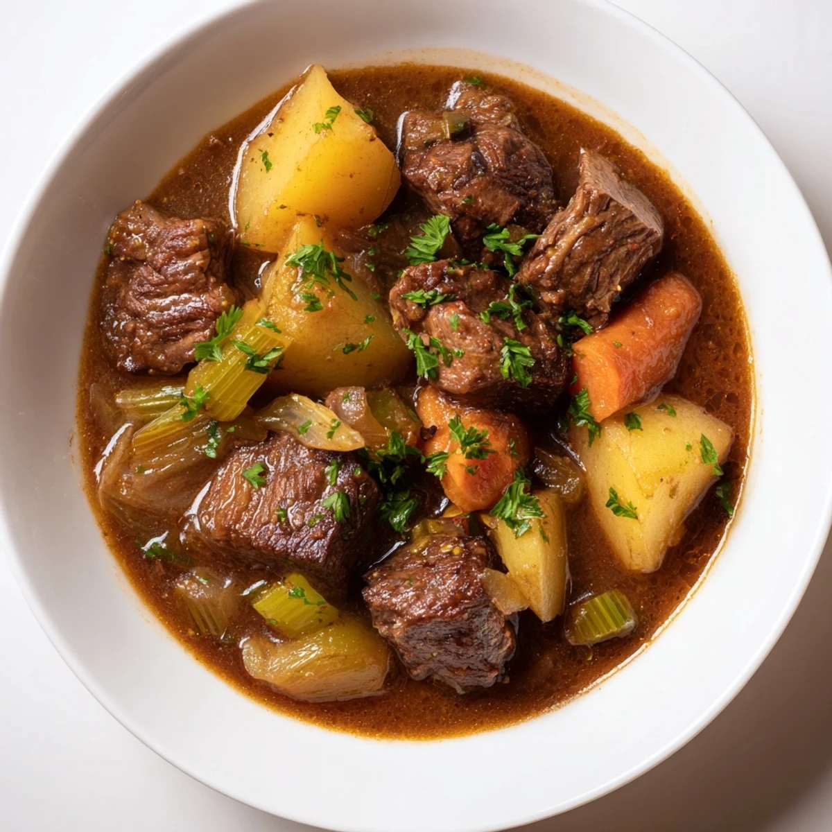 Steaming bowl of beef stew, featuring tender chunks of beef and hearty root vegetables.