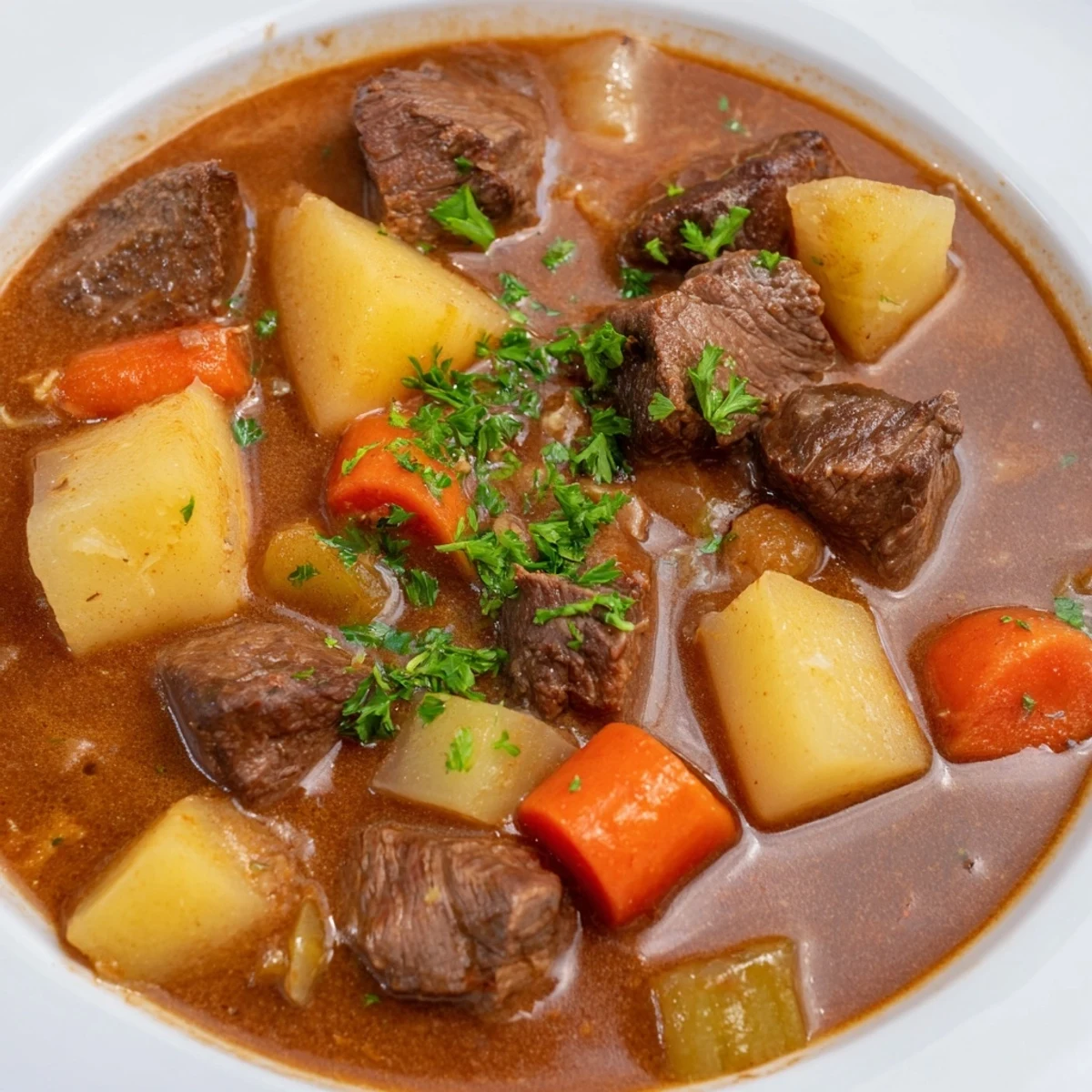 Rustic serving of beef stew, garnished with fresh parsley, offering a comforting, flavorful meal.