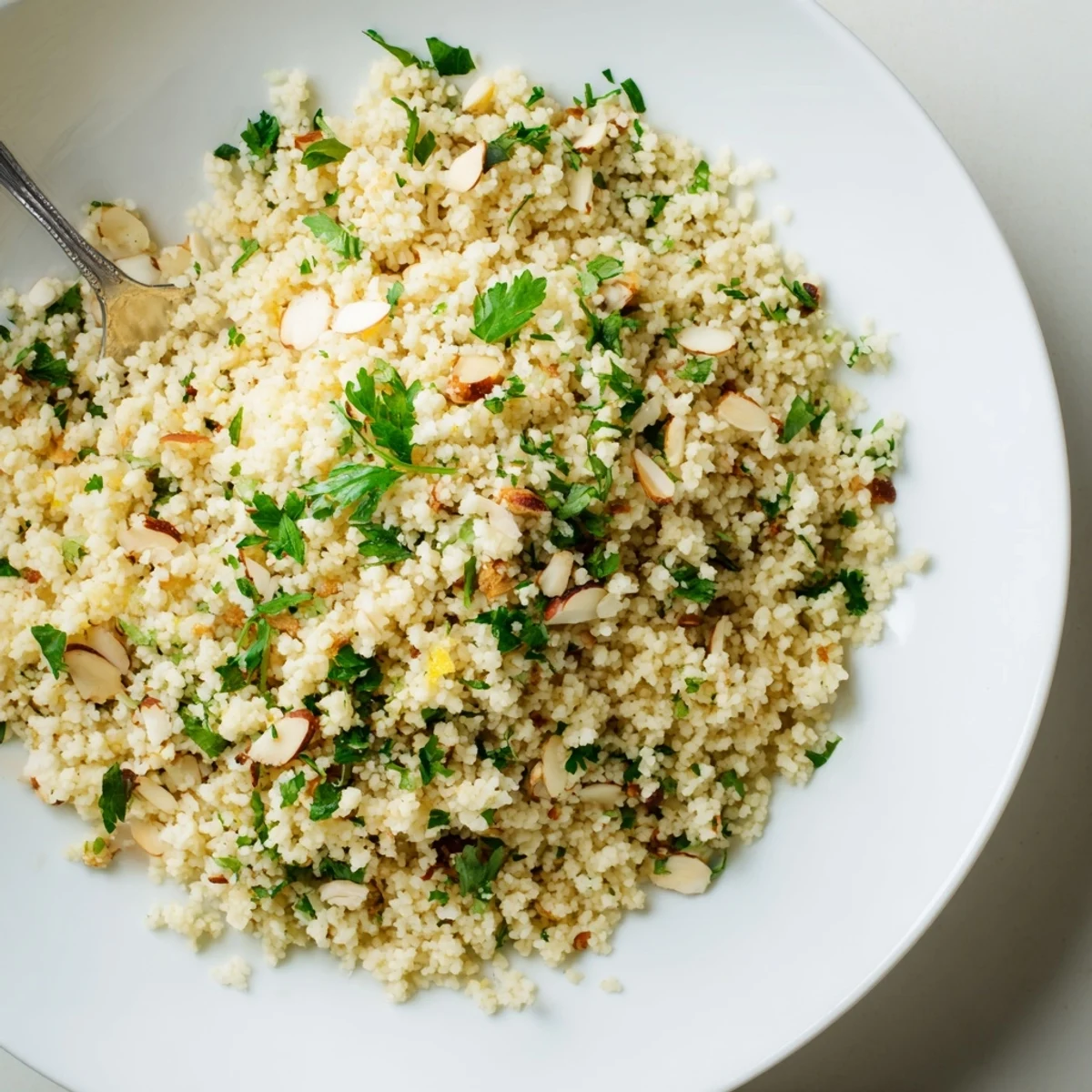 Golden couscous, a light and versatile dish, ready with toasted almonds for added crunch.
