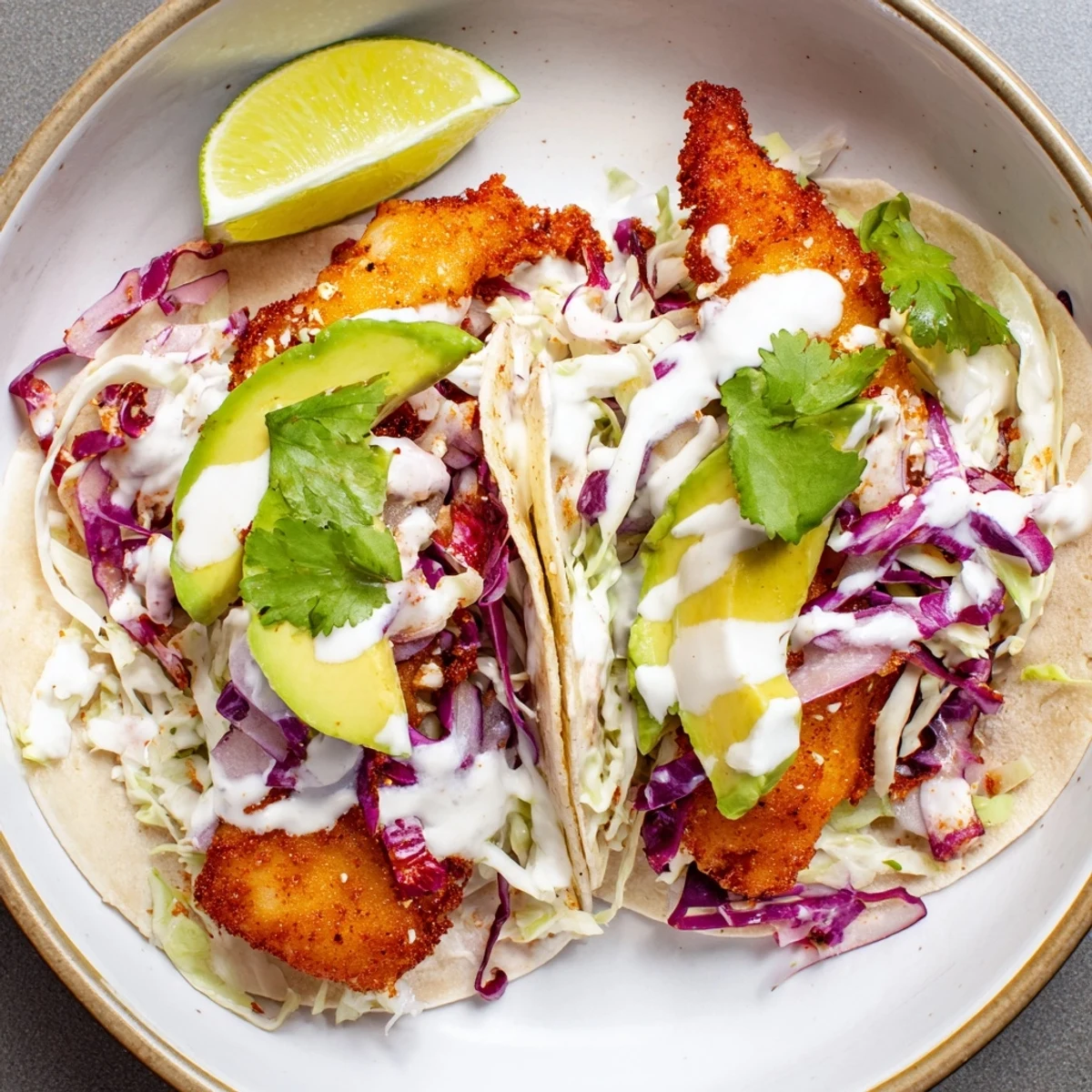 Golden-brown, crispy fish tacos filled with fresh toppings and creamy sauce, perfect for dinner.