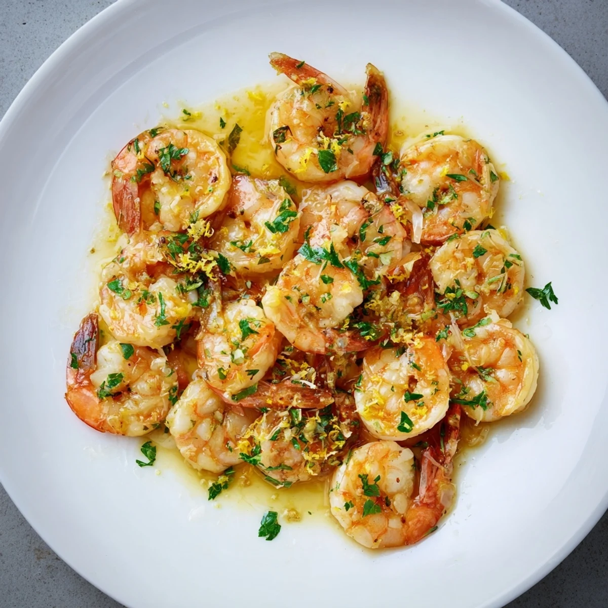 Fragrant, pan-seared garlic shrimp glistening in garlic butter, served with fresh parsley garnish.