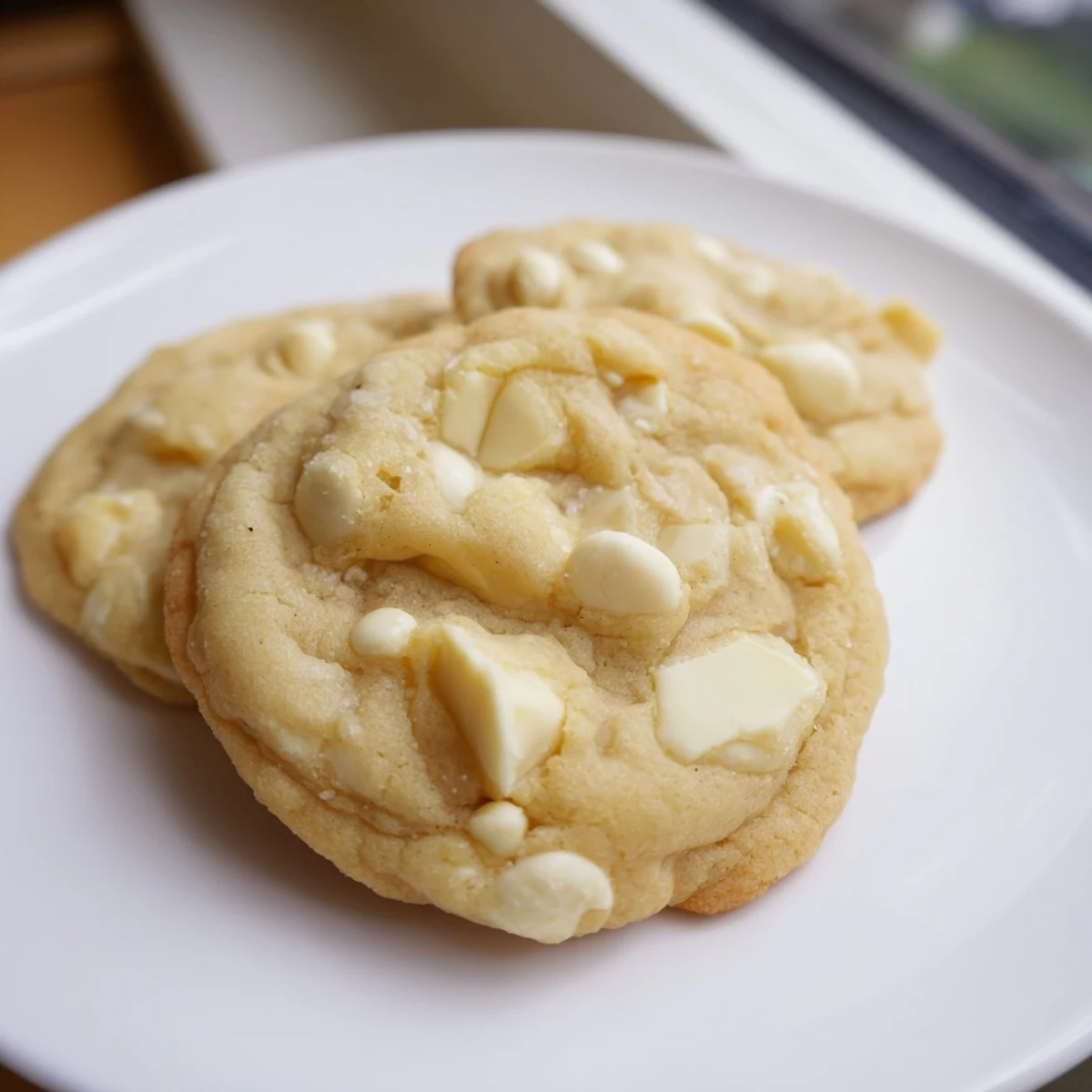 Freshly baked white chocolate cookies, golden and buttery, offering a sweet, comforting flavor.