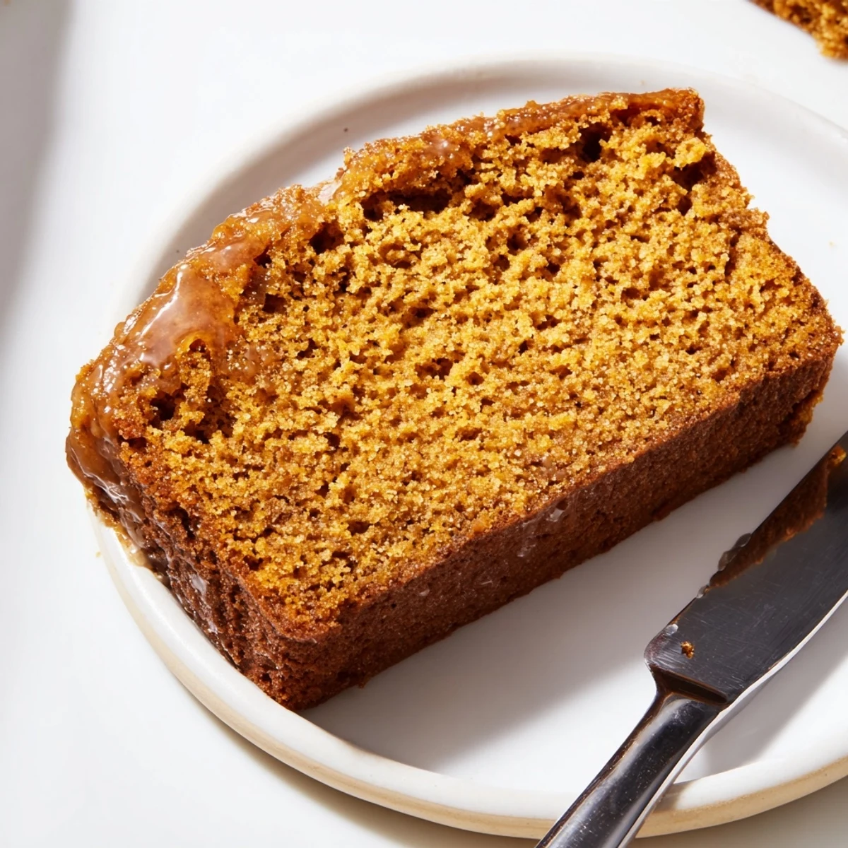 Golden-brown, freshly baked pumpkin bread, a warm, spiced loaf ready for slicing and enjoying.