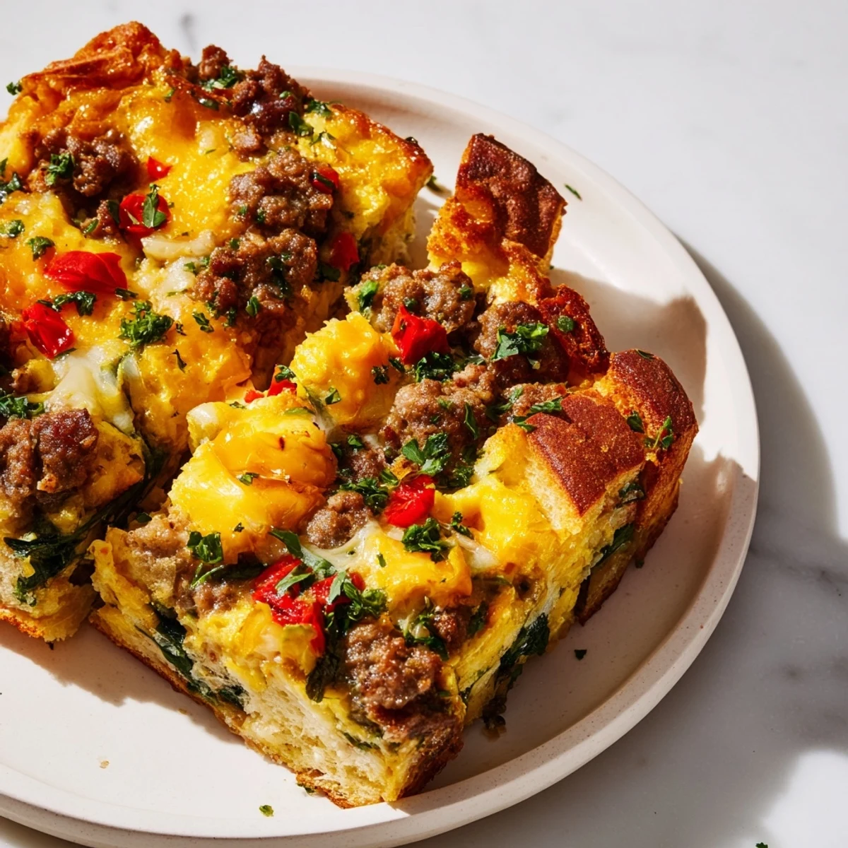Golden-brown Breakfast Casserole brimming with sausage, cheese, and vegetables ready to serve warm.