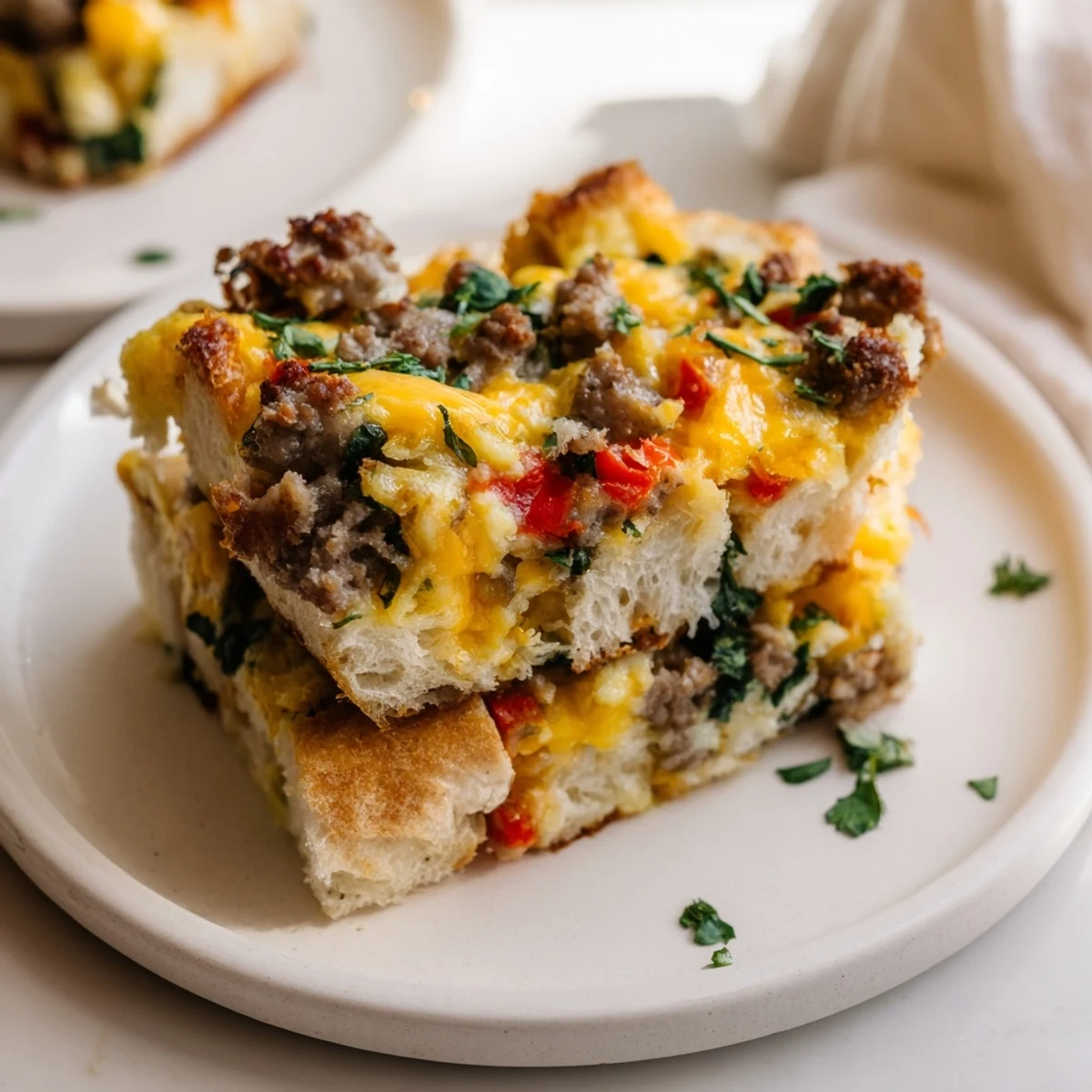A delicious, hearty Breakfast Casserole featuring layers of savory sausage, cheese, and fluffy eggs.