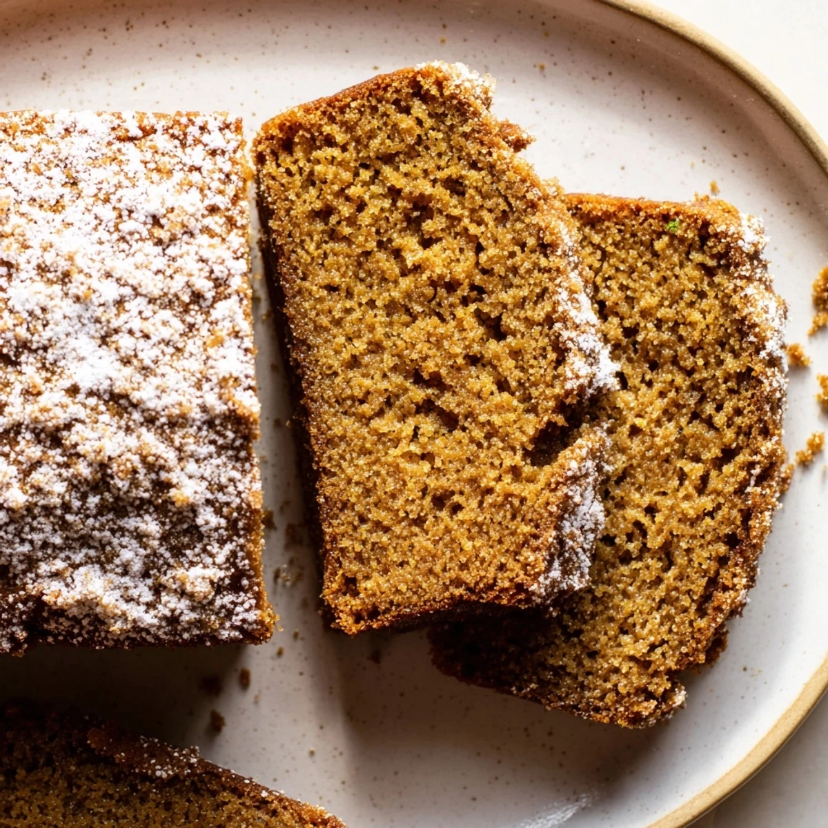 Golden-brown gingerbread loaf, moist and delicious, perfect with a swirl of whipped cream.