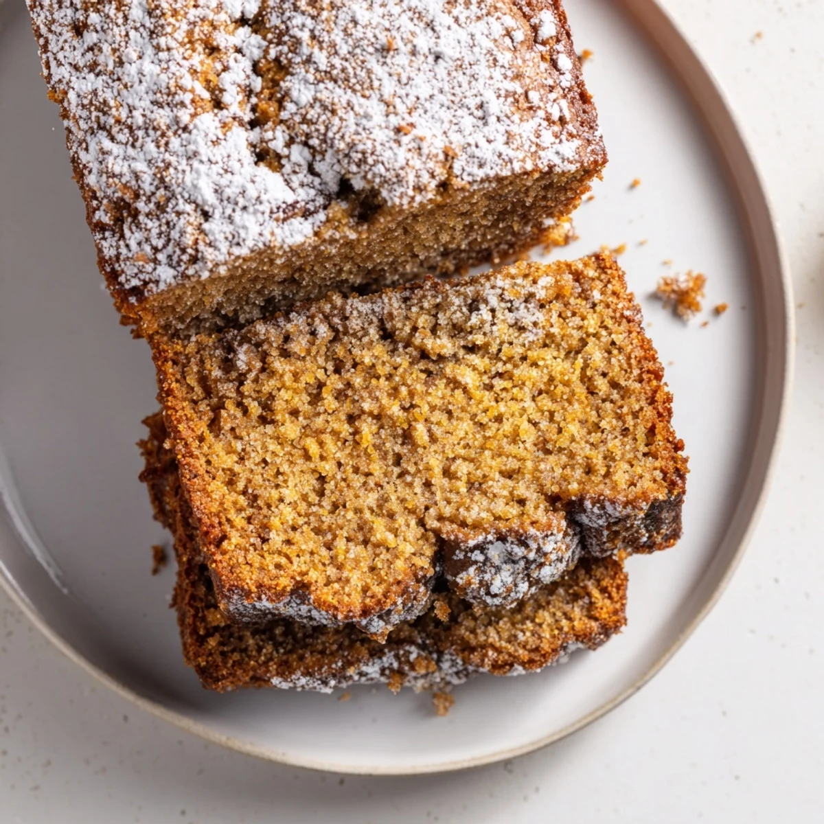 A warm, freshly baked gingerbread loaf, smelling of ginger and spice, ready to slice.