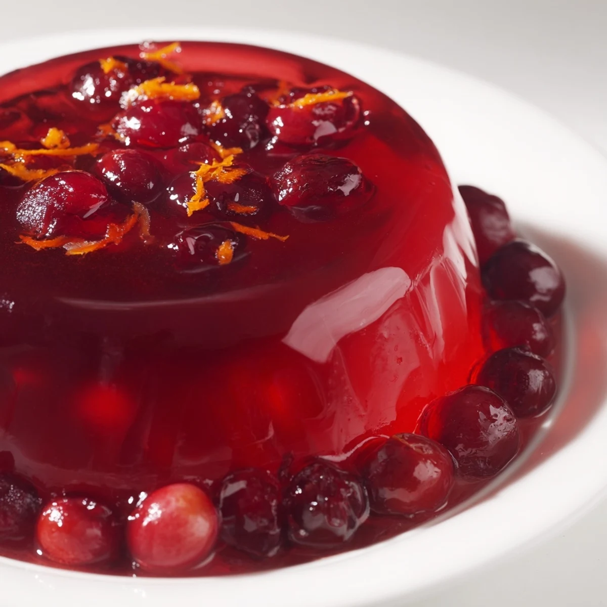 A close-up of glossy Jelly Cranberry, showing chunks of cranberries in a sweet, tart sauce.