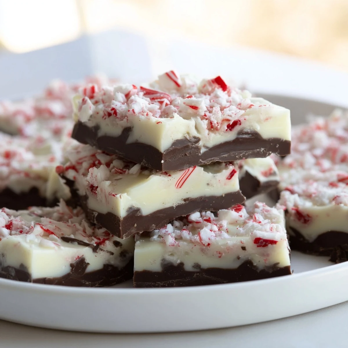 Melted chocolate and crushed peppermint coat the layers of this delicious peppermint bark dessert.