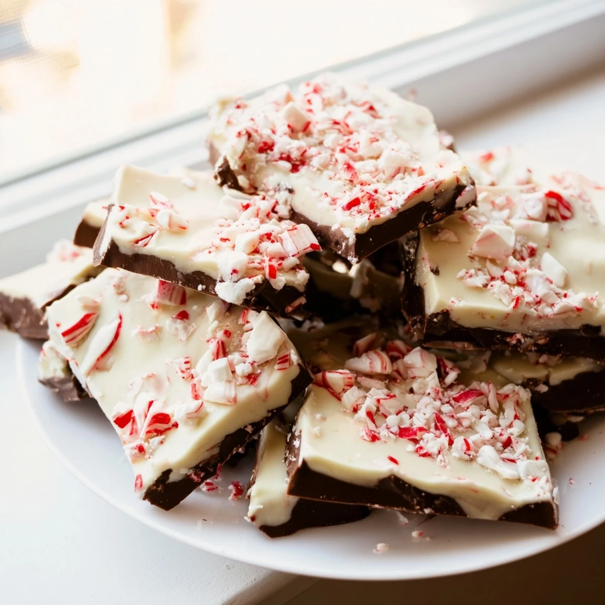 White chocolate covered with peppermint candies forms a beautiful peppermint bark, ready to savor.