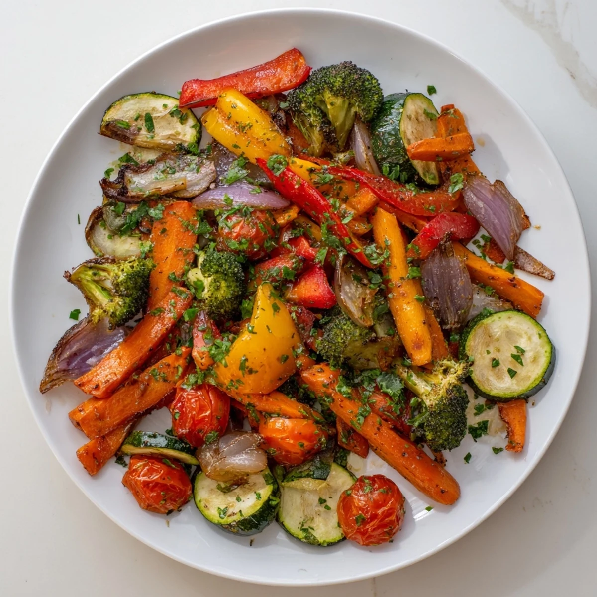 Colorful Roasted Vegetables, glistening with olive oil, perfectly roasted and seasoned ready to serve.  