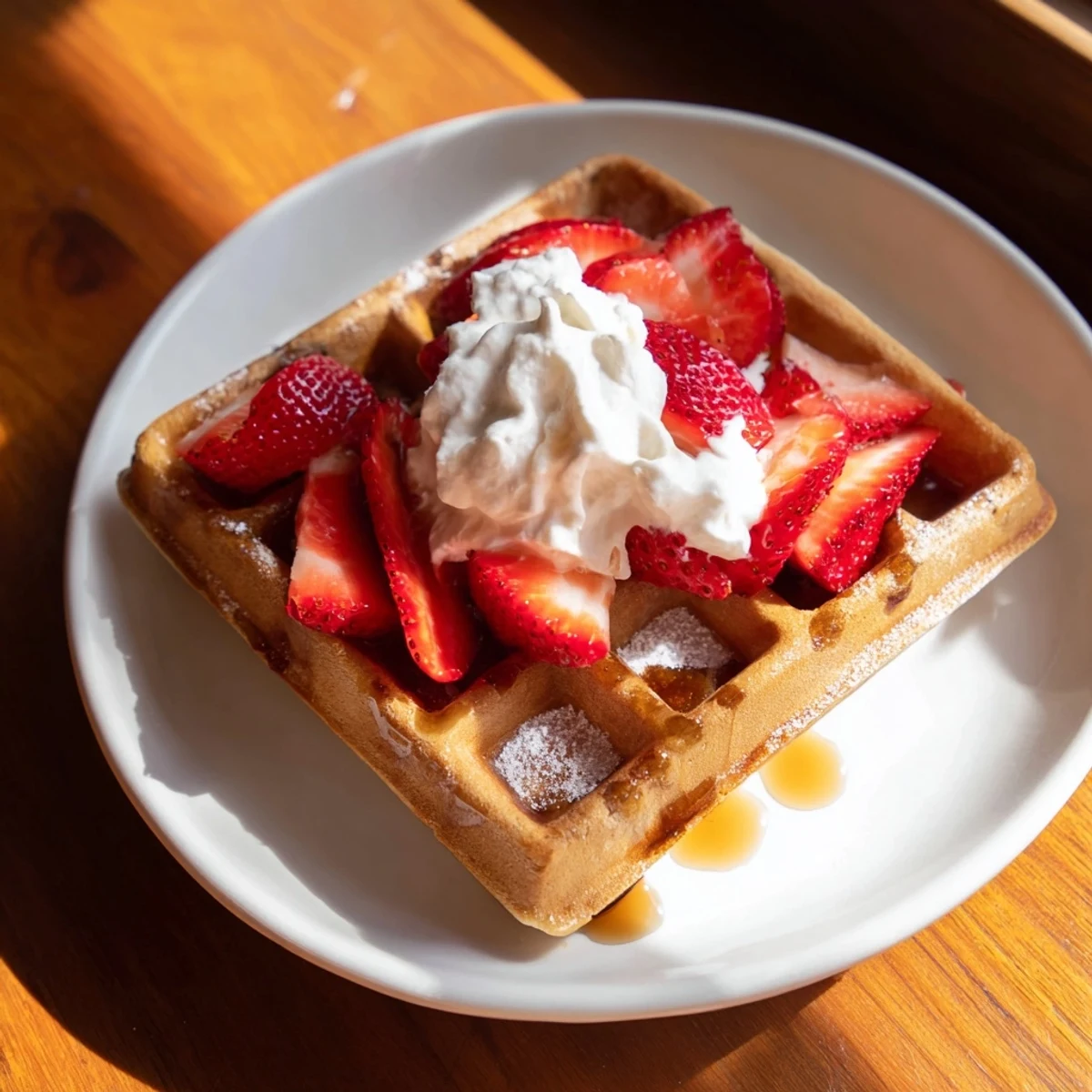 Golden, freshly made crispy waffles, served with maple syrup and fresh blueberries, ready to eat.