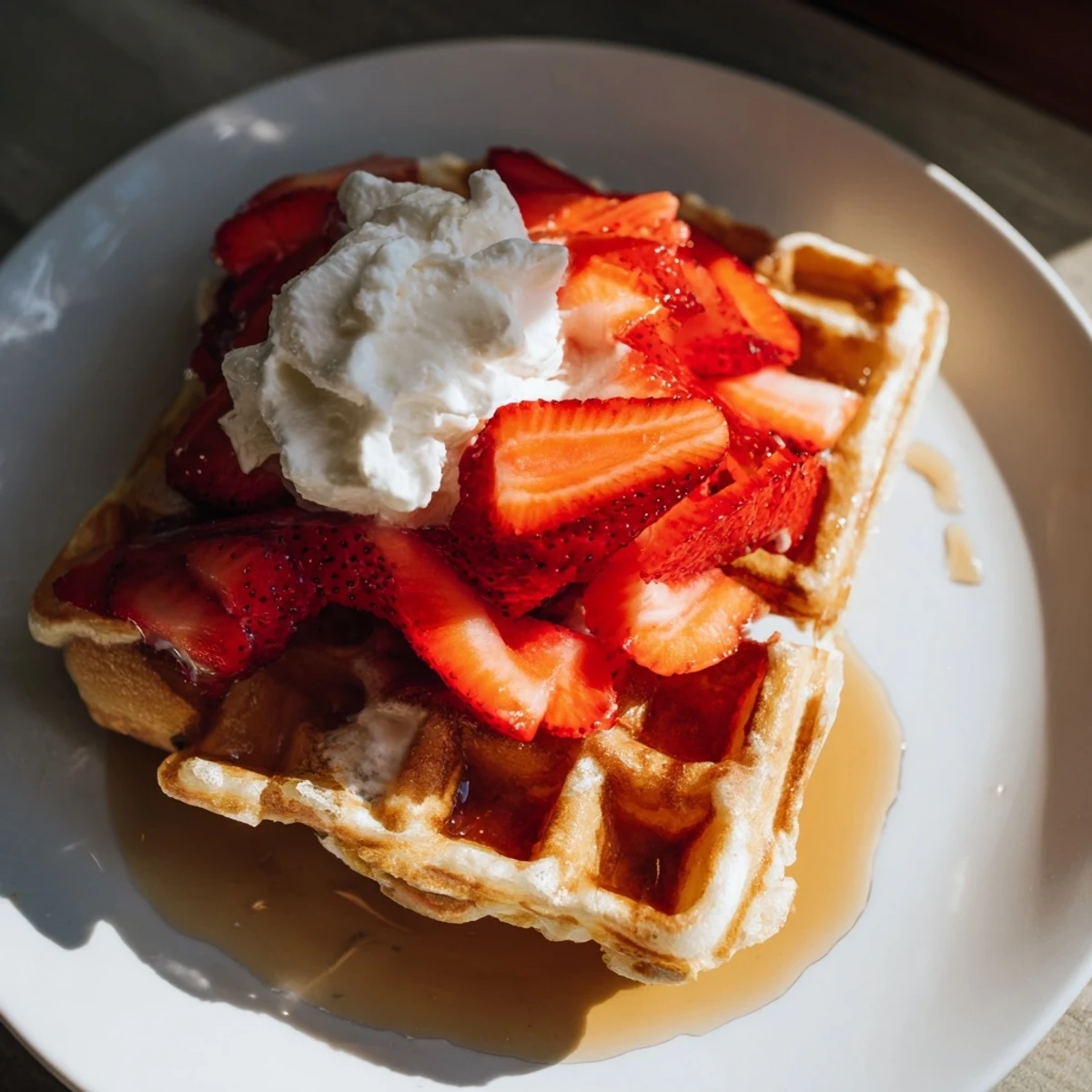 A stack of delicious crispy waffles, still steaming, offering a delightful aroma for breakfast.