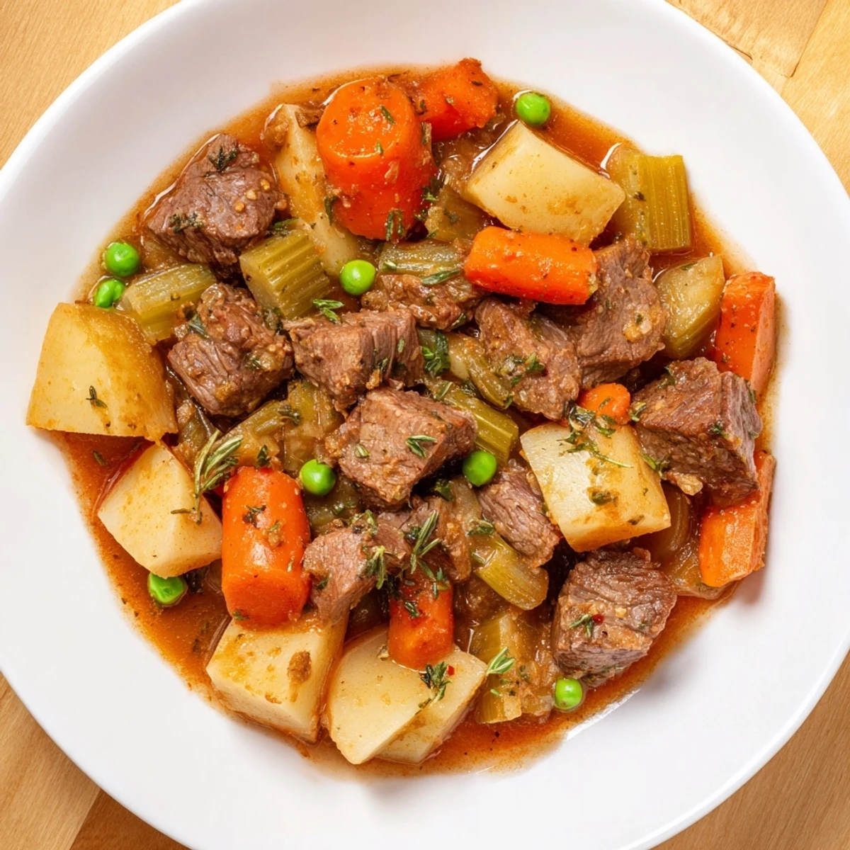 A steaming bowl of beef stew, featuring tender chunks of meat and vegetables.