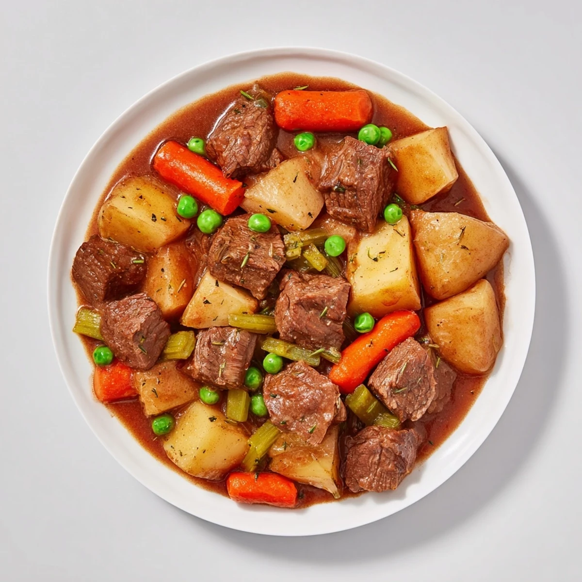 Golden-brown beef stew, rich and savory, perfect served with crusty bread.