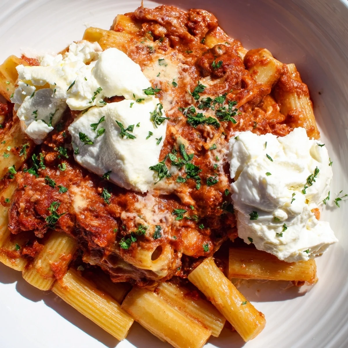 A steaming, comforting dish of Baked Ziti, smelling of herbs and delicious tomato sauce.