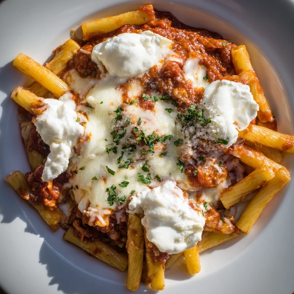 Golden, bubbly Baked Ziti with creamy cheese pulls, ready to serve and enjoy tonight.