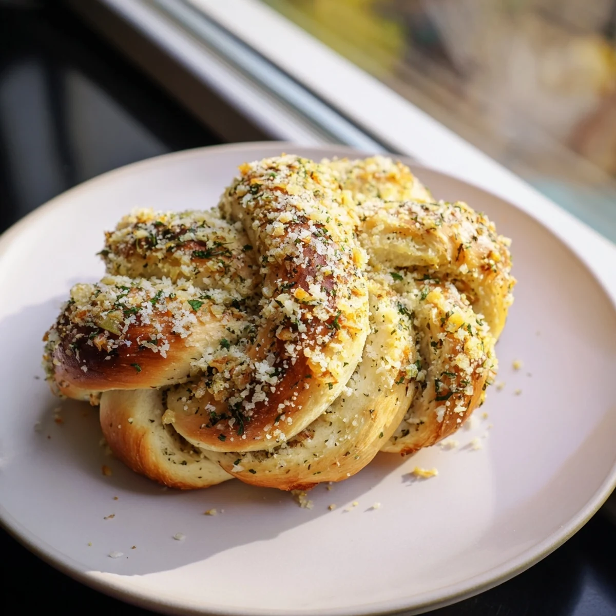 Golden brown Knot Garlic rolls brushed with melted garlic butter, fresh from the oven.